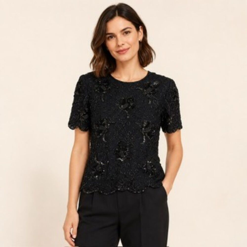 Vintage Stenay Black Silk Beaded Sequin Floral Evening Top M Retro Dark Romantic